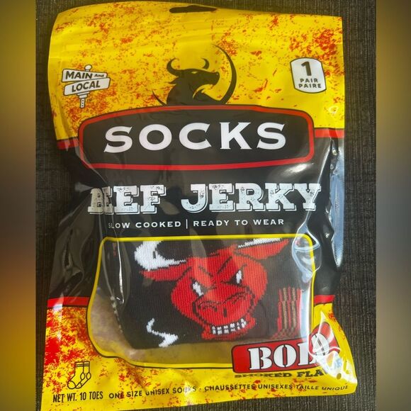 Beef Jerky Funny Men's Black and Red Novelty Crew Socks Great Gift One Size NEW - Picture 1 of 3